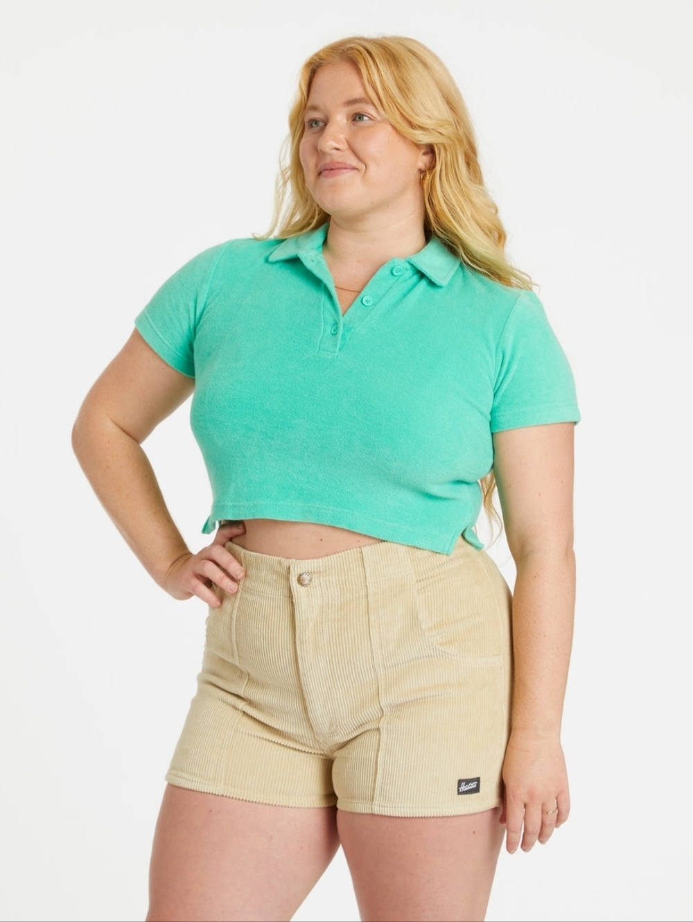 Cropped Polo Terry Shirt in Mint Green